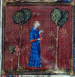The dream, detail: The Lover sewing the sleeve of his shirt. Miniature in “Roman de la rose” by Jean de Meun, Jean de Meung or Jean Chopinel, Jean Clopinel (v.1240-1305), circa 1370. Chantilly, Musee Conde