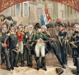 The farewell of Napoleon Bonaparte to the imperial guard in the courtyard of Cheval Blanc at the castle of Fontainebleau on 20/04/1814. Chromolithography of the late 19th century