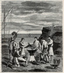 The first navigators in the Greek archipelago obtained fresh water by vaporizing sea water - Engraving in 