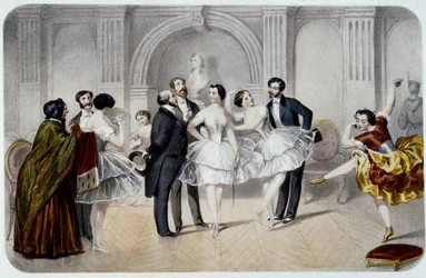 The foyer of the Opera (Opéra Garnier in Paris). A tutu dancer chatting with gentlemen who came to greet them or taking a few steps to dance. Engraving