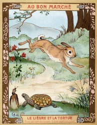 The hare and the turtle (Fable de La Fontaine) - Bon Marché advertising sticker, late 19th century
