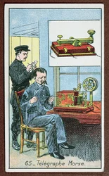 The invention of telegraphy with Morse code, number 65 in a series of cards depicting great inventions, c.1910
