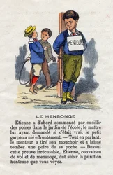 The lie. A school boy tears and ties to a pole with a liar sign around his neck to punish him for his lie. Little boys alphabet. Abecedary has moral value containing reading exercises. Epinal imaging