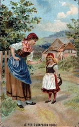 The mother of the Little Red Riding Hood warns her against the wolf (Illustration of the tale 