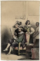 The painter Diego Velasquez (1599-1660) welcoming in his studio Pierre Paul Rubens (1577-1640). Plate taken from Scenes de la vie des hommes famous, engraving in two shades by Valerio. 1843