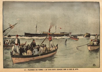 The Pilgrimage of Men in the Holy Land of Jaffa (Israel). Engraving in "Le Pelerin" 8/09/1901. Selva Collection.