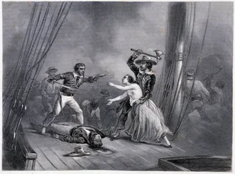The pirate Morgan abducts the beautiful Spanish - in General History of the Navy by E and V Penaud brothers