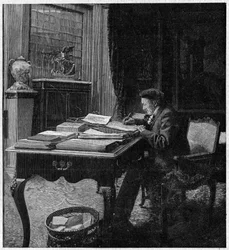 The playwright Victorian Sardou (1831-1908) in his office. Engraving in 