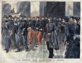 The postmen strike: soldiers and municipal guards charged with the distribution of letters in Paris. Engraving of 1899 in La petite Gironde