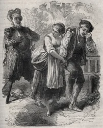 The Return of Martin Guerre (circa 1524 around 1560): He Appeared Before His Wife, Bertrande de Rols, and the One Who Had Usurped His Identity, the Impostor Arnaud du Tilh. Engraving from 1871 in 