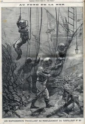 The Scaphandlers Working on the Bailout of Torpedo 83 that had Sunk in Douarnenez Bay in Finistere in Brittany, in 