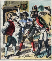 The Sick Lion and the Fox. Fables by Jean de La Fontaine. Epinal imaging from the end of the 19th century.