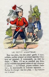The vain little. Child dislikes in general and giving orders to his comrades. Little boys alphabet. Abecedary has moral value containing reading exercises. Epinal imaging