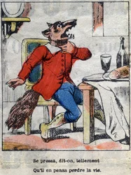 The Wolf and the Stork. Fables by Jean de La Fontaine (1621-95). Epinal Imaging from the End of the 19th Century