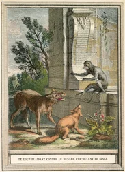 The wolf pleading against the fox in front of the monkey