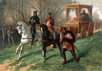 Thierry I (? - 533), King of Austrasia on a cart drags by oxen. Chromolithography of the late 19th century.