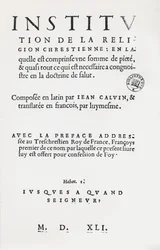 Title page of Institutes of the Christian Religion by John Calvin, French 1st Edition, 1541