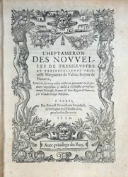 Title page of the Heptameron: tales or news by Margarita of Navarre (Marguerite of Valois, Marguerite of Angouleme or Marguerite of France) Queen of Navarre and Poetess
