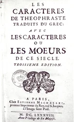 Titlepage of Les Caracteres de Theophraste traduits du grec, avec Les Caracteres ou les moeurs de ce siecle by La Bruyere, 1688