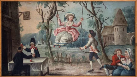 To the three orders reunited. The clergy, the nobility and the Third Estate reunited in a tavern. A young woman swings. Painted sign of a cockade merchant, likely from the Palais Royal, anonymous painting, revolutionary period