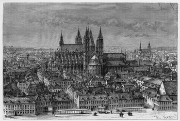 Tournai: Exterior View of Notre-Dame and Panorama of the City. Engraving by Barclay, to illustrate the story 