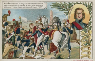Trade card with an image depicting Napoleon Bonaparte at Ratisbonne