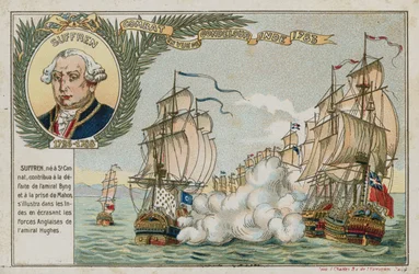 Trade card with an image depicting a naval battle