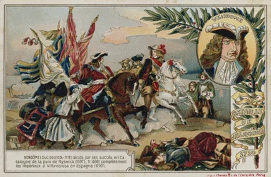 Trade card with an image depicting the Battle of Villaviciosa