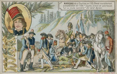 Trade card with an image depicting the death of French general Marceau-Desgraviers