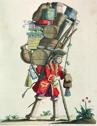 Travelling Spice, Liquor and Remedy Seller in 1721, from Costumes de Paris a Travers les Siecles, published 1887