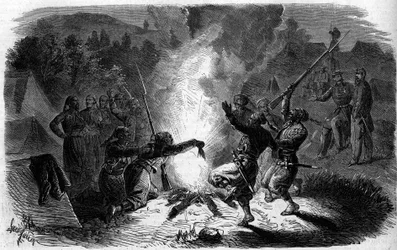 Turcos of the French army dancing around a campfire in Italy, period of Risorgimento