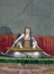 Turkish girl playing a keyboard plucking instrument, from Collection of One Hundred Prints Representing the Different Nations of the Levant by Charles de Ferriol, engraved by Gerard Scotin