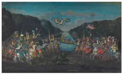 Two Fan Sheets: The Pompous Carousel of the Gallant Amazons from the Four Parts of the World; and Procession Leaving a Temple Accompanied by Putti
