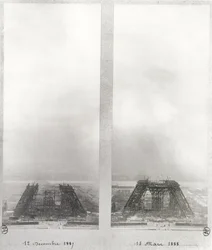 Two views of the construction of the Eiffel Tower, Paris, 12th December 1887 and 15th March 1888