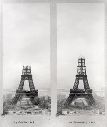 Two views of the construction of the Eiffel Tower, Paris, 14th October and 14th November 1888