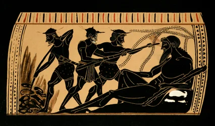 Ulysses and his companions gouging out the eye of the Cyclops Polyphemus, illustration from an antique Greek vase, 1887