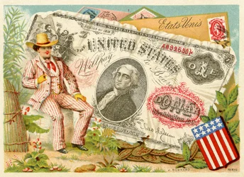 Uncle Sam seated beside a one-dollar bill, from a series of promotional cards on currencies in different countries, published in Paris by Bognard for use by department stores and manufacturers, 1886-95