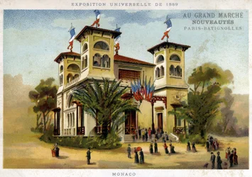 Universal Exhibition of 1889. The Monaco Pavilion. Chromolithography of the late 19th century