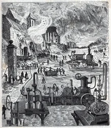 Use of Various Pump Systems in a Fire in the 19th Century - Engraving in 