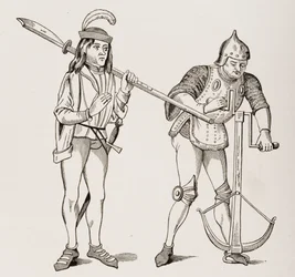 Varlet or Squire carrying a thick-bladed halberd and an archer drawing a crossbow string with double-handed winch, after a 15th century miniature, from Le Moyen Age et La Renaissance by Paul Lacroix