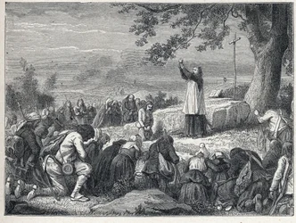 Vendee Wars (1793-1796): Priest inserts celebrating a mass under an oak for the insurgent population who reject sworn priests. Engraving from 1889. Private collection