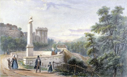 View of Dinan Castle and the statue of Duclos Pinot. Illustration of the 19th century preserved at the Museum of Dinan
