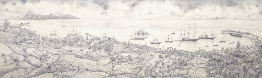 View of Papeete, Tahiti, overlooking the harbour towards Moorea, mid-19th century