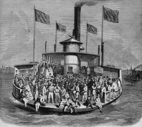 View of a steamer making connections between the islands and the city of New York. Engraving