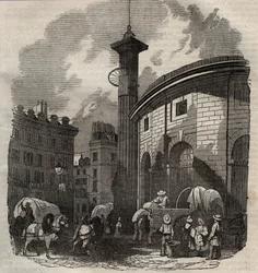 View of halle au ble in Paris (built in 1763-1769) and the Medici column, engraving beginning 19th century - wheat and corn exchange in Paris (built in 1763-1769), engraving early 19th century - View of the Halle au ble, placed on the present Hotel de Sois