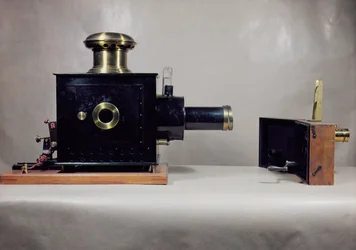 View of one of the first cinema projectors, manufactured by August and Louis Lumiere