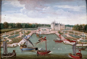 View of the Chateau de Chantilly and the beds taken from the Vertugadin