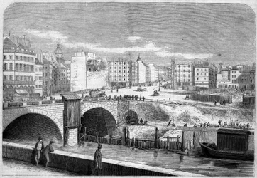 View of the Saint Michel Bridge, built in 1857, and Place Saint Michel in Paris