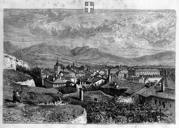 View of the city of Chambery in Savoy. Engraving from 1880 in 
