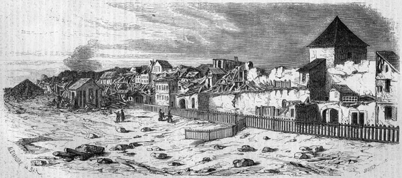 View of the district of Kastrich, Mainz (Germany), after the explosion of the powder keg in 1857. From a photograph. Engraving in 